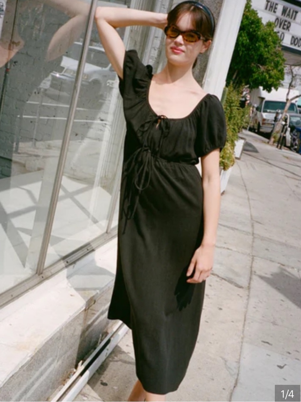 Lisa Says Gah Black Puff-Sleeve Midi Dress with Tie Detail. Size S